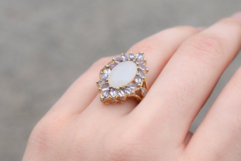 Tanzanite Cocktail Ring 10k Yellow Gold Tanzanite and White Moonstone Ring 10k Tanzanite Ring Tanzanite Jewelry Gold Moonstone Ring