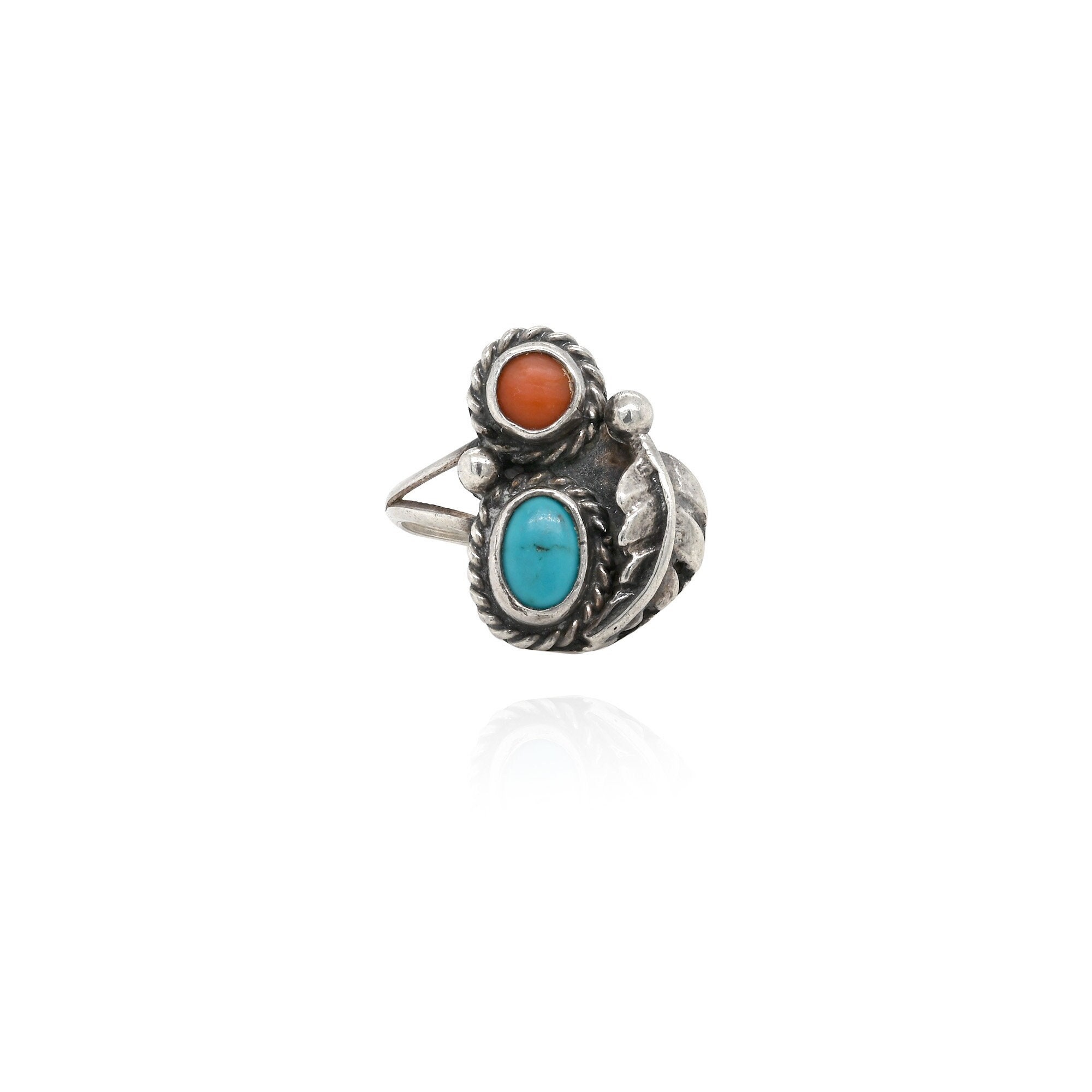 Sterling Silver Native American Turquoise and Coral Ring, Navajo Coral Ring, Old Pawn Navajo Turquoise Ring, Turquoise Native American Ring