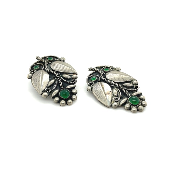 Sterling Silver Southwestern Green Glass Flower E… - image 1