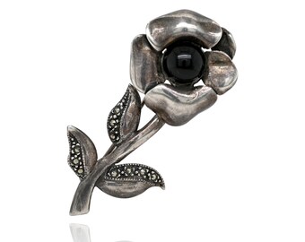 Sterling Silver Onyx and Marcasite Flower Brooch, Marcasite Flower Pin, Marcasite Pin, Onyx Flower Pin, Rose Brooch, Sterling Rose Pin