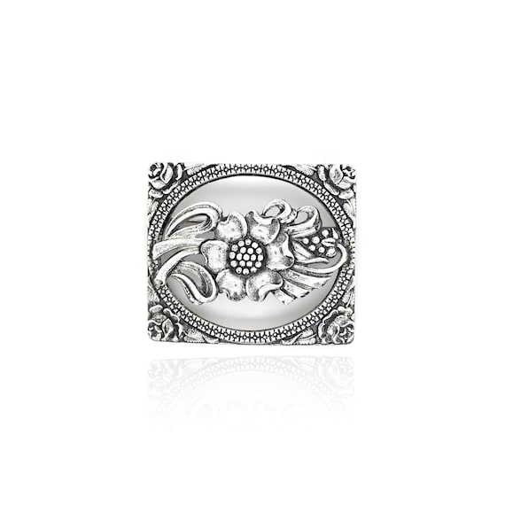 Sterling Silver Rectangular Flower Brooch, Flower… - image 1