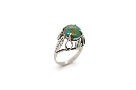 Silver Boho Turquoise Leaf Ring, Round Turquoise … - image 1