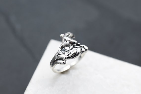 Sterling Silver Double Dolphin Wave Ring, Sterlin… - image 1