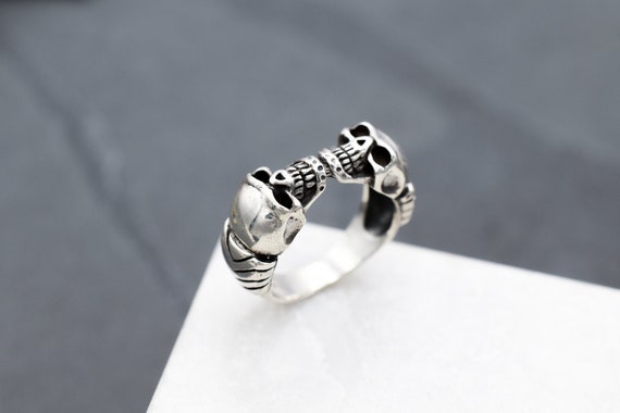 Sterling Silver Double Skull Biker Ring, Sterling