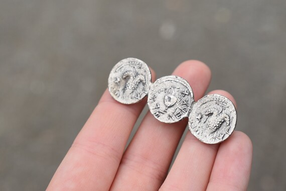 Silver Tone Antique Jerusalem Coin Replica Brooch, Coin Jewelry, Old Coin Pin, Triple Coin Brooch, Museum Replica Jewelry, Silver Coin Pin View 2