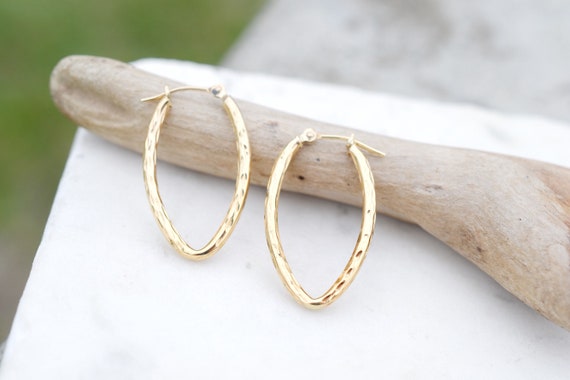 14k Pointed Diamond Cut Hoop Earrings, Unique Gold