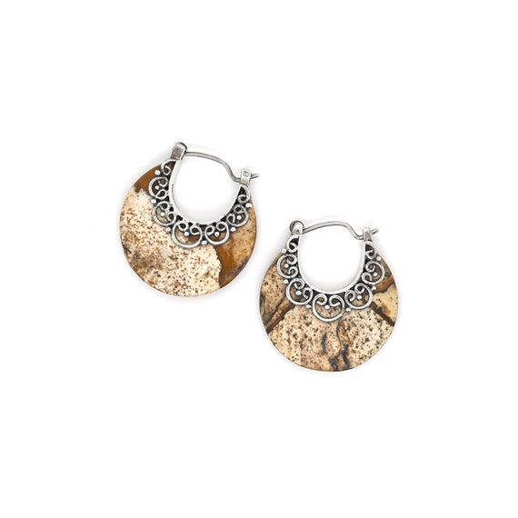 Sterling Silver Meran Jasper Hoop Earrings, Jasper Dangle Earrings, Jasper Jewelry, Earth Tone Jewelry, Natural Gemstone Earrings