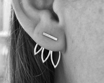 Triple Leaf Ear Jackets and Silver Bar Stud Earrings Combo - Sterling Silver - Set of Studs and Jackets - Oxidized Earring - Renegade Silver