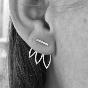 Triple Leaf Ear Jackets and Silver Bar Stud Earrings Combo - Sterling Silver - Set of Studs and Jackets - Oxidized Earring - Renegade Silver