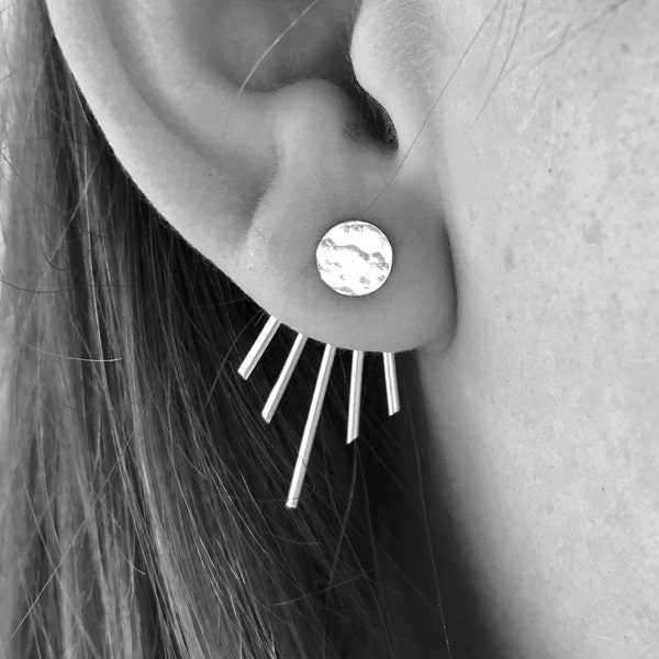 Moonbeam Deep V Ear Jackets and Full Moon Stud Combo - Sterling Silver - Pair of Studs and Jackets - Front Back Earring Set