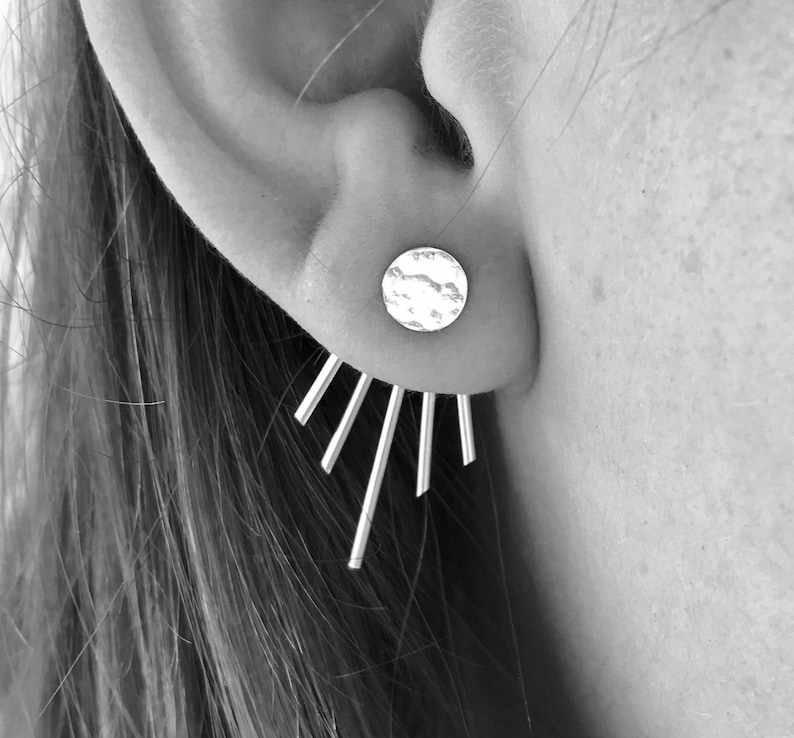 Moonbeam Deep V Ear Jackets and Full Moon Stud Combo - Sterling Silver - Pair of Studs and Jackets - Front Back Earring Set 