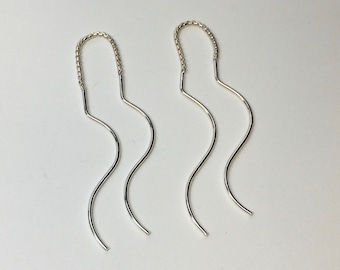 Wavy Chain Ear Threaders - Pull Through Movement Earrings - Minimalist - Handmade Sterling Silver Front Back Earrings - Renegade Silver