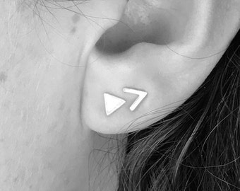 Set of Two Pair - Tiny Triangle Stud Earrings and Chevron Studs - Double Piercing Set - Sterling Silver Post Earrings