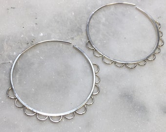 Scalloped Hoop Earrings - Sterling Silver Handmade Earrings - Simple and Unique - 18 g - Comfortable - Statement - Everyday Flower Hoops