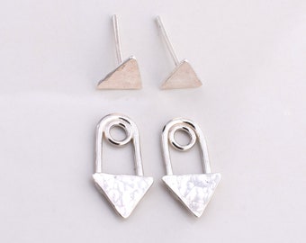 Tiny Triangle Peekaboo Ear Jacket & Tiny Hammered Triangle Stud Earrings Combo - Sterling Silver - Renegade Silver - Front Back Ear