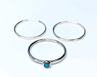 Classic Turquoise Ring Set - Sterling Silver or 14 K Gold Filled - Any Size - Set of Rings - Thin Hammered Bands - Special Stackable Rings