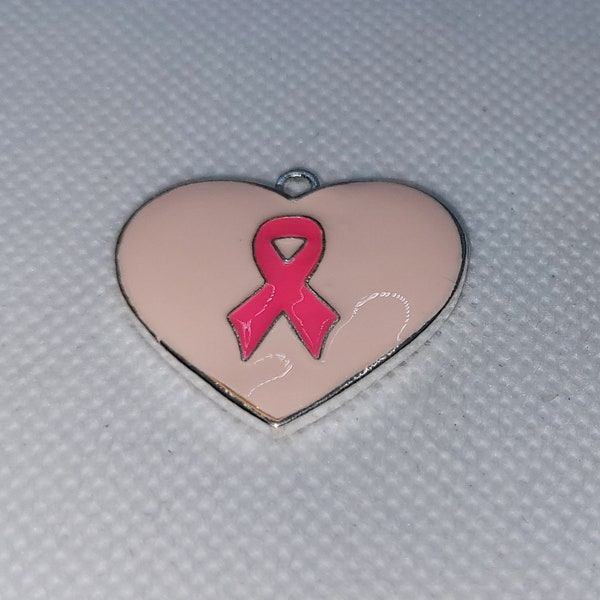 Breast Cancer Awareness Heart Ribbon Charm Hope Love - Silver Base-DIY Charms for Jewelry Making-Wholesale Charms-Ribbon Charms-Pink - Heart