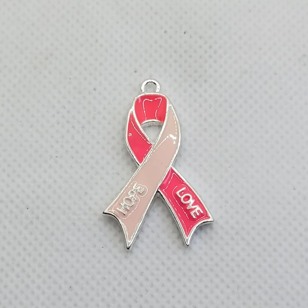 Breast Cancer Awareness Two Tone Ribbon Charm Hope Love - Silver Base-DIY Charms for Jewelry Making-Wholesale Charms-Ribbon Charms-Pink
