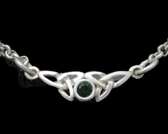 Sterling Silver Emerald Trinity Knot Necklace | Double Trinity Knot Pendant | Irish Birthstone Jewelry | Designed and Handmade in Ireland
