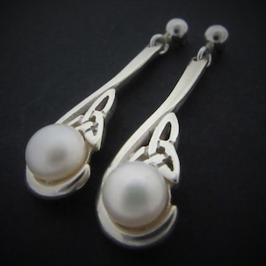 Trinity Knot Freshwater Pearl Earrings | Sterling Silver Celtic Trinity Knot Earrings | Womens Silver Jewelry | Designed and Made in Ireland