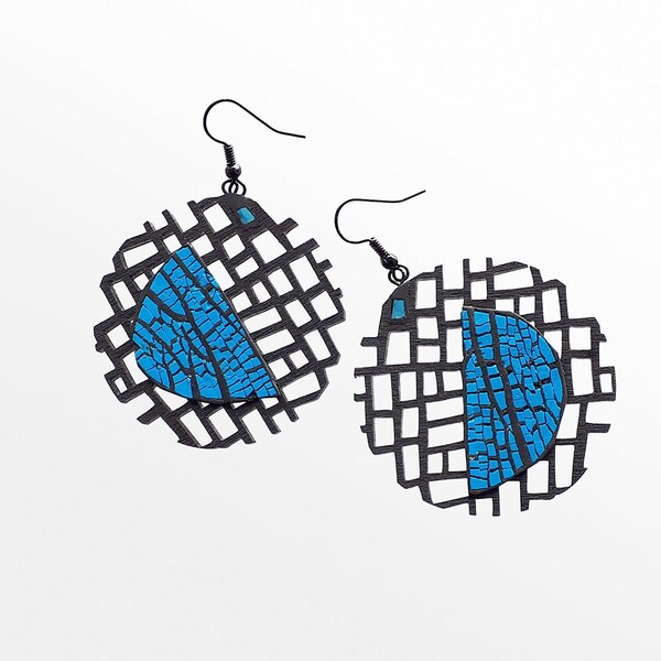 Designer earrings - modern, contemporary jewelry design, unique, original, elegant, laser cut  wood, polymer clay, black steel hooks