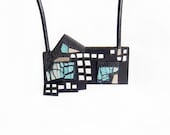 Necklace, contemporary jewelry design, FREE Shipping, unique, handmade, lasercut wood, silver, polymer clay, leather cord, silver plated