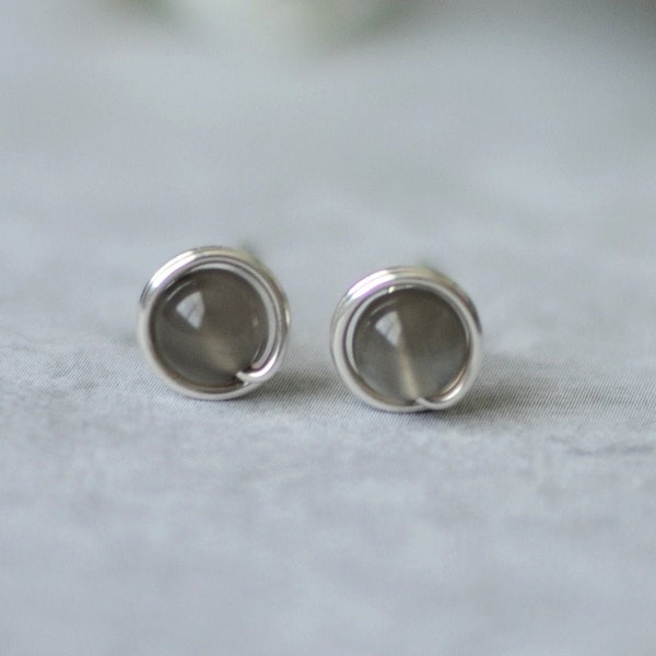 Gray moonstone stud earrings - Small dainty sterling silver post earrings - June birthstone - Minimal jewelry