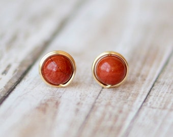 Red jasper stud earrings - Womens gift - 14K gold filled wire wrapped minimalist post earrings - Simple everyday boho jewelry