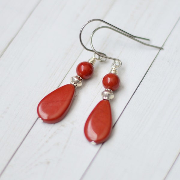 Red jasper dangle earrings - Everyday teardrop earrings - Titanium earrings - Stainless steel earrings - Jewelry gifts for women