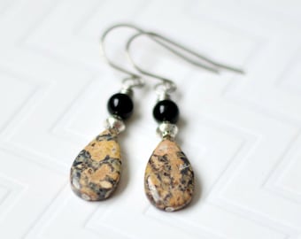 Leopard Skin Jasper dangle earrings - Everyday drop earrings - Black onyx earrings - Titanium / Stainless steel earrings - Jewelry gifts