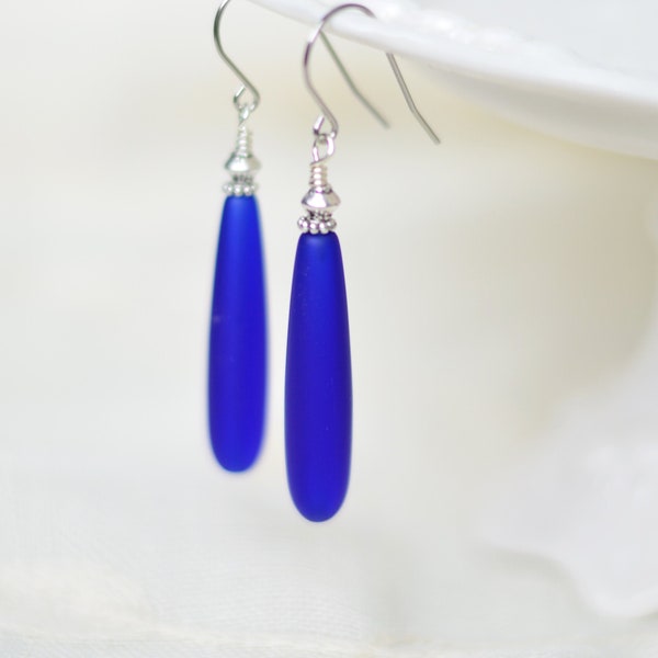Blue sea glass dangle earrings - Cobalt blue / Royal blue long earrings for women -  Hypoallergenic Titanium / Surgical steel earring
