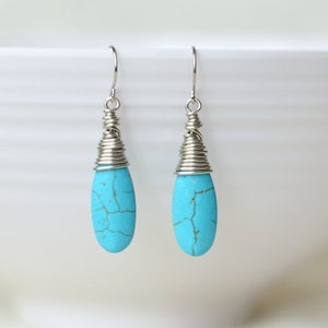 Turquoise wire wrapped teardrop titanium dangle earrings - Womens gift - Handmade boho drop earrings