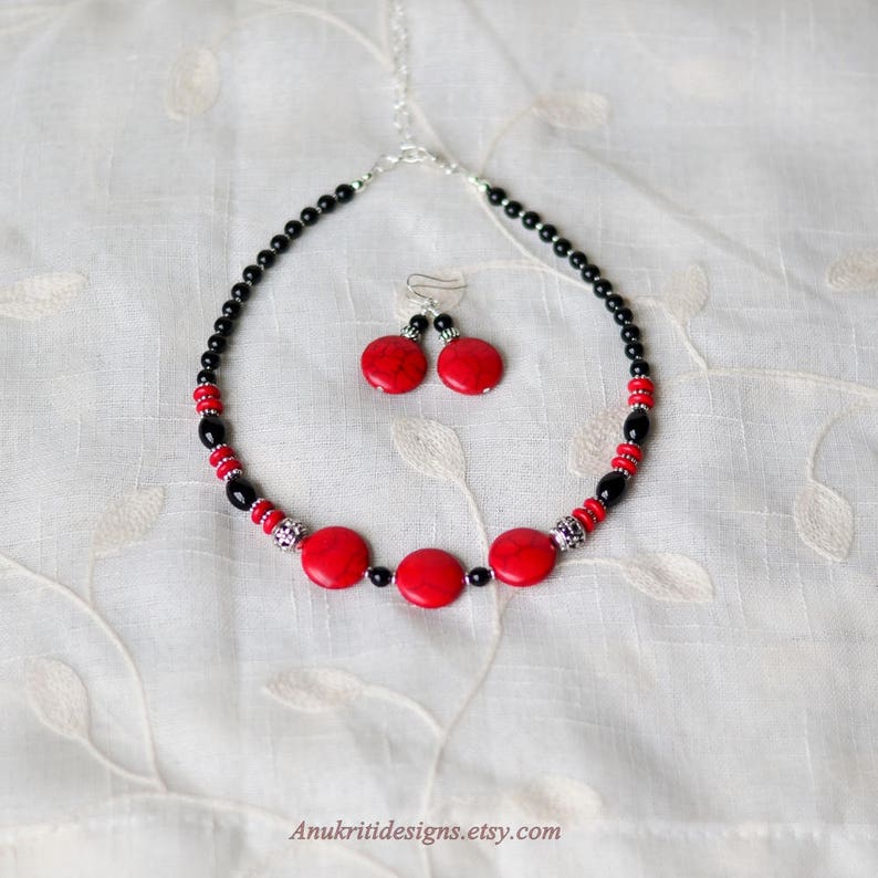 Boho gemstone statement necklace for women Red black beaded jewelry set Gift for her under 30 Wife gift