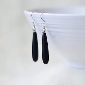 Black sea glass minimal dangle earrings - Gifts for women - Long frosted glass teardrop matte earrings - Hypoallergenic jewelry