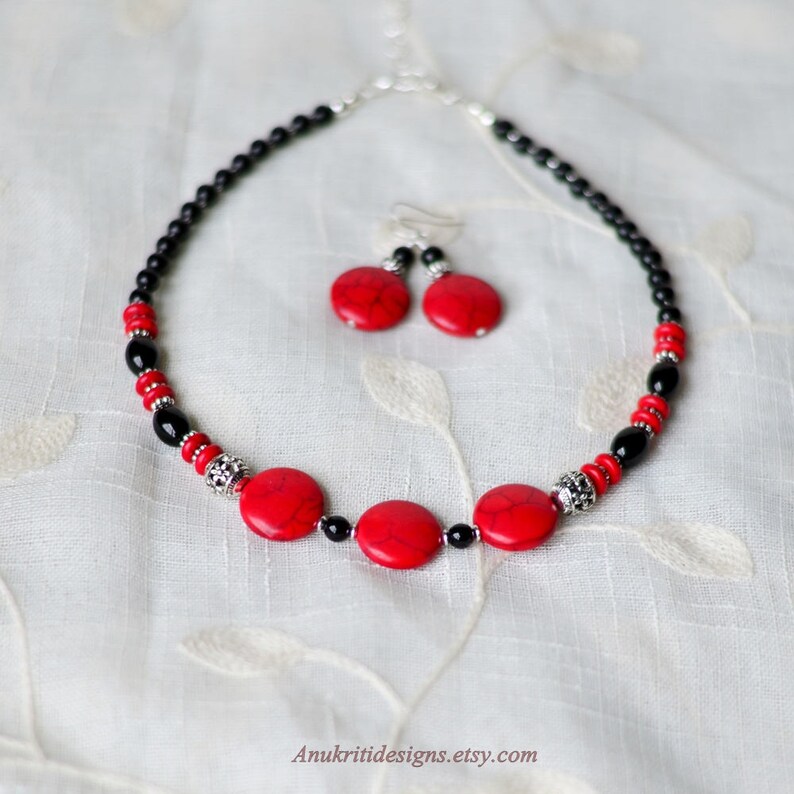 Boho gemstone statement necklace for women Red black beaded jewelry set Gift for her under 30 Wife gift