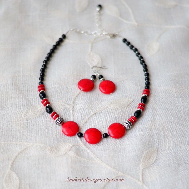 Boho gemstone statement necklace for women Red black beaded jewelry set Gift for her under 30 Wife gift