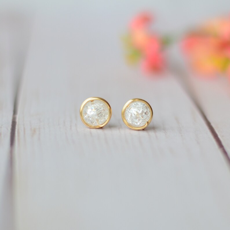 Quartz stud earrings April birthstone jewelry Sterling silver / Gold filled crackle quartz post earrings Birthday gifts for women Gold plated wire