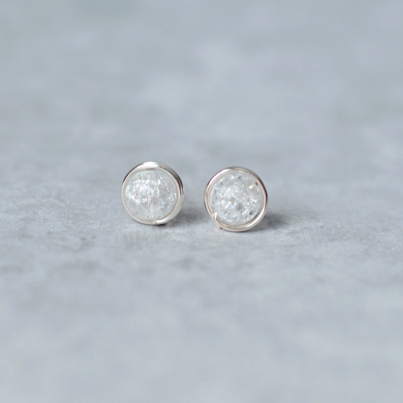 Quartz stud earrings April birthstone jewelry Sterling silver / Gold filled crackle quartz post earrings Birthday gifts for women Silver plated wire