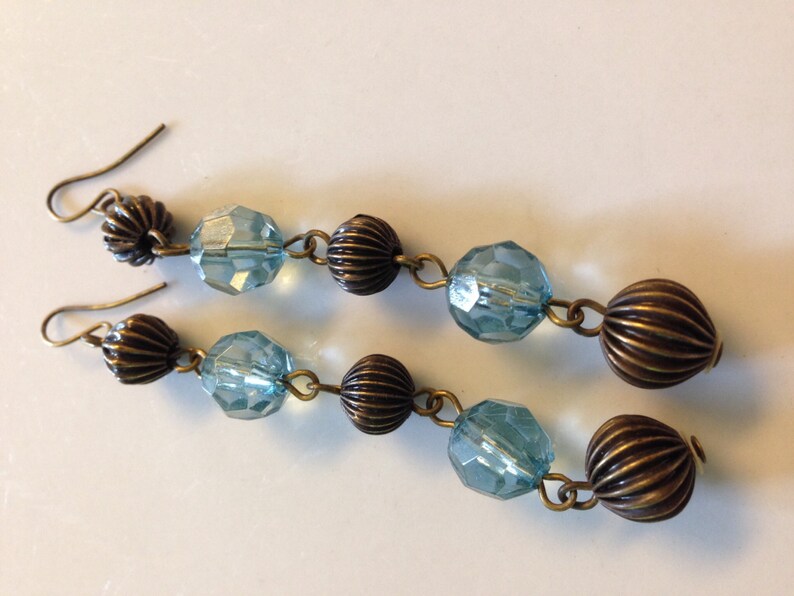 Copper beads Blue earrings Blue bead and copper earrings Dangles TBFB0801 Blue jewelry Dangly earrings Copper earrings.Copper jewelry