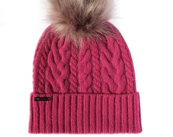Cranberry Cable Knit Cashmere Hat with Faux Fur Pom Pom