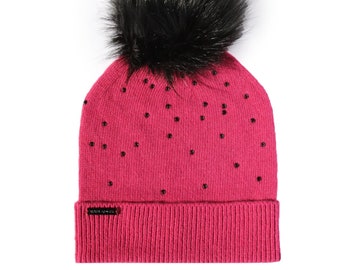 Berry Crystal Knit Hat w Optional Faux Fur Pompom with Crystals from Swarovski