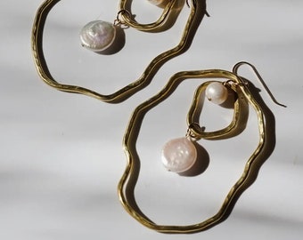 Hammered Brass Hoop and Pearl Earrings by Metrix