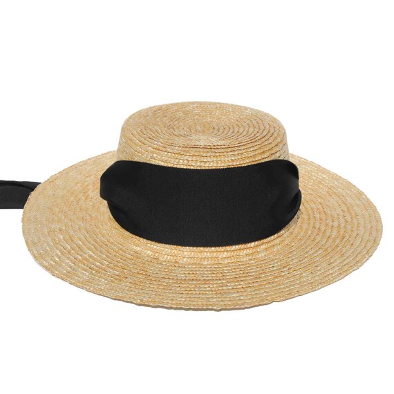 Straw Boater Hat With Black Petersham 