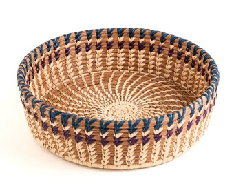 10 x 3 inch Handwoven Basket with Navy and Plum Detail