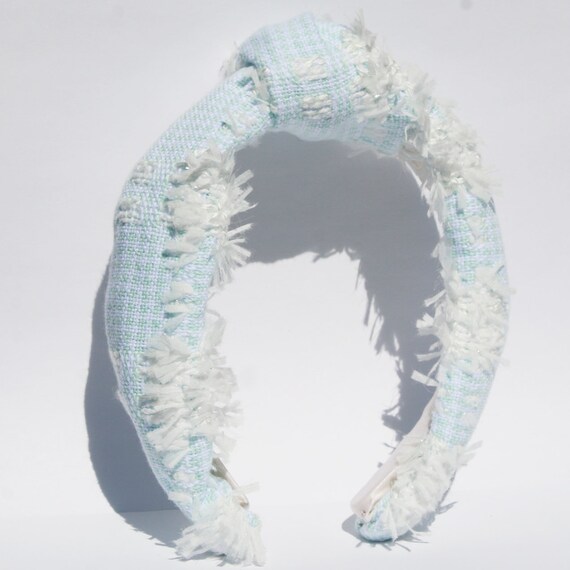 Ocean Blue and White Plaid Knot Tweed Headband by Kate  display picture 3