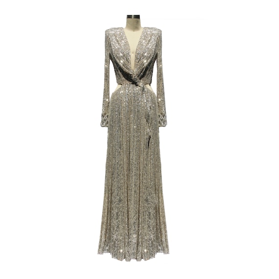 green emerald velvet dress Gorgeous Lantern Sleeves Mermaid Hem Graphic Sequin Evening Dress, Black/Silver / L main image 1