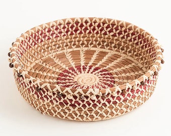 Juanita Wood Bead Basket with Handwoven Berry Red and Brown Design