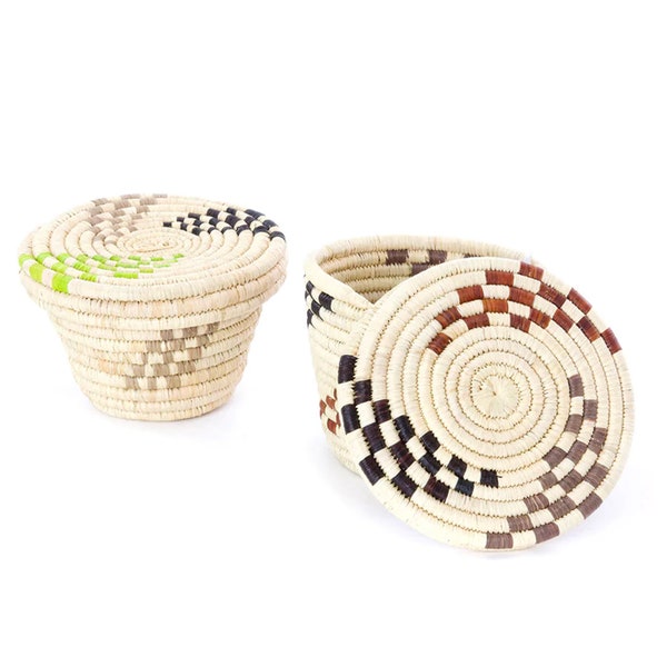 Handwoven Tiny Trove Basket with Flat Lid /Green, Brown and Beige