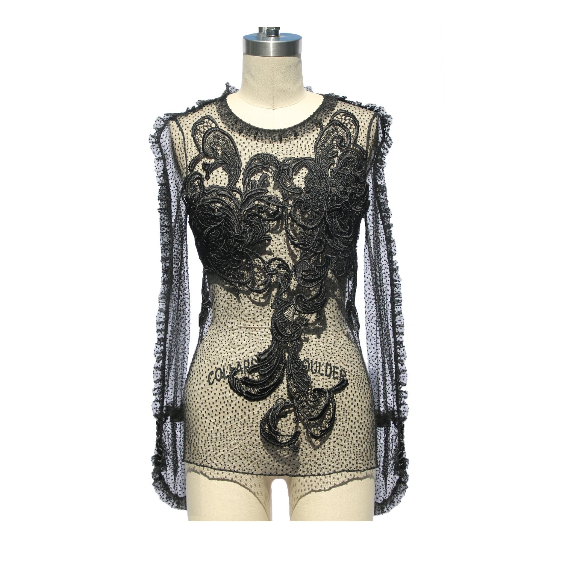 Dot Tulle Guipure Lace Appliqu Blouse with Ruffed Sleeves and Silk Covered Buttons