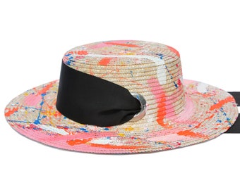 1/1 Abstract Hand Painted Straw Hat with Tie by Kate Stoltz
